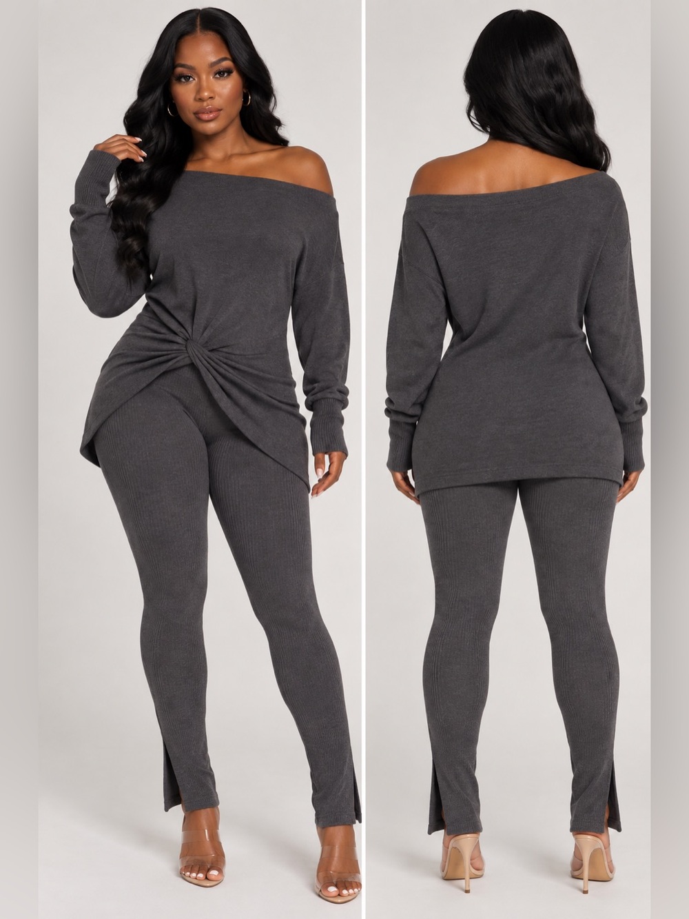 Fashion Nova Tara Twist Front Pant Set Charcoal Off Shoulder 2 Piece Leggings